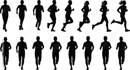 Running silhouettes, jogging people, athletic motion, fitness poses, male and female runners, side view, front view, sports activity, black vector, editable stroke, clipart