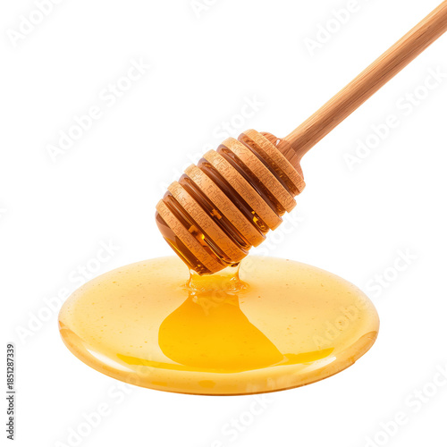 Honey Drips From a Wooden Dipper Onto a Smooth Surface in a Bright Setting Wi...