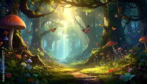 Sunlight-drenched fairytale forest path