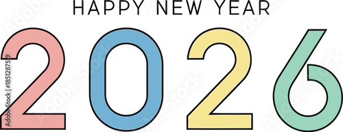 Colorful Happy New Year 2026 greeting with large numerals on a white background in pastel hues.