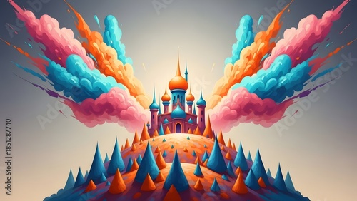 Fantasy castle with colorful smoke