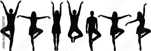 Group of dancing people silhouettes performing yoga balance poses, modern fitness movement, black isolated figures on white background studio illustration