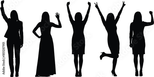 Happy women silhouettes celebrating success empowerment confidence freedom joyful poses isolated black white illustration female achievement lifestyle concept