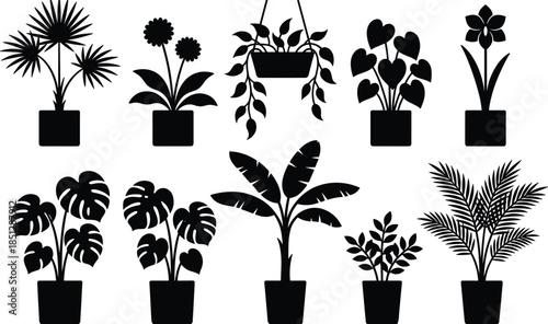 Houseplant silhouettes collection indoor plants potted foliage botanical decor isolated black white illustration home garden concept