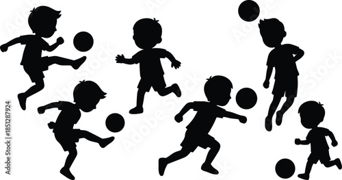 Kids playing soccer silhouettes, children kicking and running with ball, playful youth football activity illustration set isolated on white background