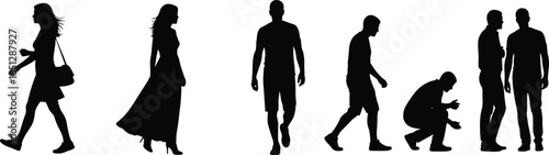 Human silhouette poses, walking, standing, squatting, conversation, black artwork, white background, expressive motion, casual activity, body language, gesture study