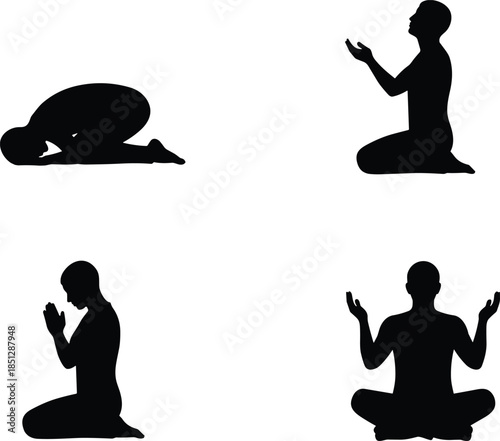 Man praying silhouettes in different postures, spiritual worship and meditation concept, religious devotion poses isolated on white background