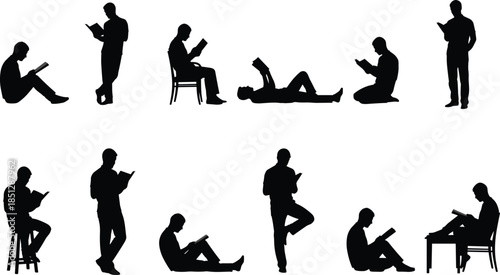 Man reading book silhouettes set, male figures studying in various seated and standing poses, education knowledge lifestyle illustration collection isolated on white background