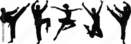 Martial arts and dance silhouettes, dynamic poses, expressive movement, black artwork, white background, action and grace, physical energy, contrast