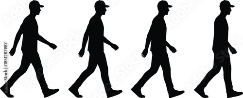 Man walking silhouettes sequence, casual male movement and everyday lifestyle concept, human walking cycle isolated on white background illustration