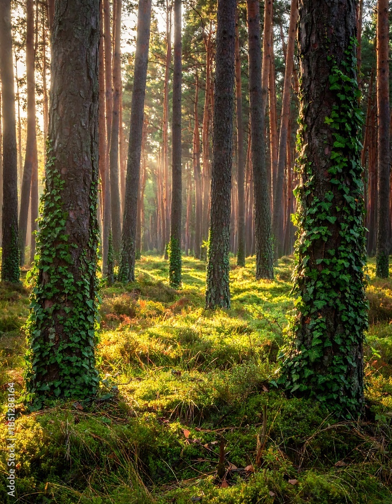 Obraz premium Sunlight filters through a dense pine forest