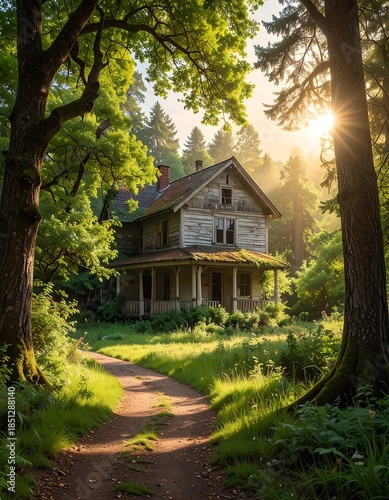 Sunlit, abandoned house nestled in a lush forest