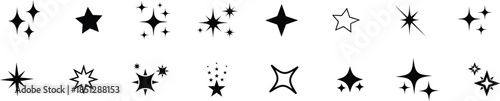 Sparkle star icon set. Sparkle, stars or shine icon set vector collection of different stars in black color.