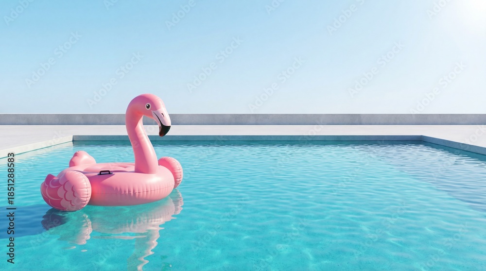 Fototapeta premium Summer vacation concept inflatable pink flamingo floating in a crystal clear swimming pool
