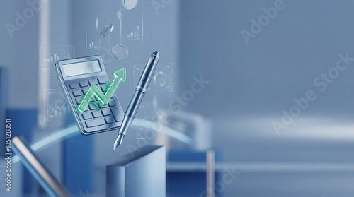 Financial growth concept calculator and pen (3d icons) floating in zero gravity
