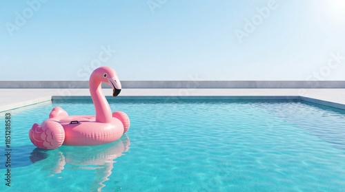 Summer vacation concept inflatable pink flamingo floating in a crystal clear swimming pool