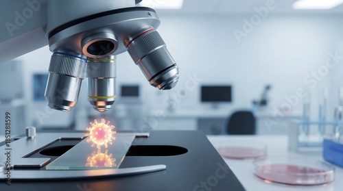 Medical healthcare technology microscope lens focusing on a virus cell