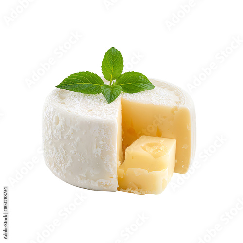 Cheese With a Piece Cut out and Green Leaves Placed on Top