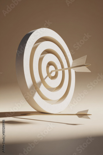 The concept of a target with an arrow in the center and the arrow lying on the poison, symbolizing the alternation of failure and success, is located on a smooth neutral background with space for text