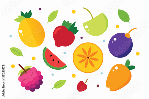 Flat Vector Illustration Set of Colorful Summer Fruits Including Watermelon, Strawberry, Orange, and Grapes for Healthy Lifestyle and Nutrition Design