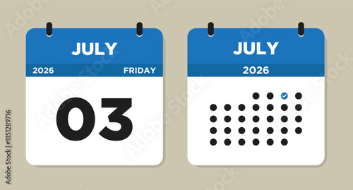 July 3 2026 (Friday) Calendar page Vector Illustration. 3 July calendar page. Day calendar with date July 3. Checklist day calendar. Week Starts on Sunday. Modern Calendar template icon
