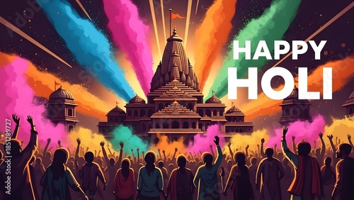Vibrant holi celebration with temple and colorful smoke bombs at night