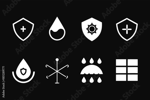 Collection of 8 Protection and Material Property Icons - Vector Symbols for Skincare, Waterproofing, UV Shield, and Healthcare Technology