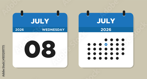 July 8 2026 (Wednesday) Calendar page Vector Illustration. 8 July calendar page. Day calendar with date July 8. Week Starts on Sunday. Modern Calendar template icon. Checklist day calendar.