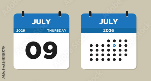 July 9 2026 (Thursday) Calendar page Vector Illustration. 9 July calendar page. Day calendar with date July 9. Checklist day calendar. Week Starts on Sunday. Modern Calendar template icon