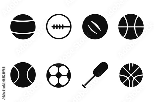 Set of 8 Minimalist Sport Ball Icons - Vector Silhouette Collection of Soccer, Basketball, Football, and Tennis Equipment