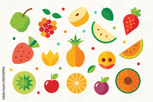 Flat vector illustration of various fresh fruits and colorful berries icons set on white background