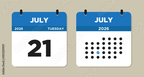 July 21 2026 (Tuesday) Calendar page Vector Illustration. 21 July calendar page. Day calendar with date July 21. Checklist day calendar. Week Starts on Sunday. Modern Calendar template icon