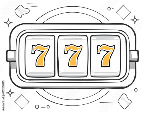 Lucky triple seven jackpot win on a slot machine hand drawn cartoon illustration
