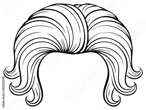 Classic retro wig illustration with voluminous swept back curly hairstyle line art