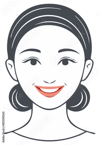 Smiling woman's face vector illustration with neatly styled dark hair and bright red lips