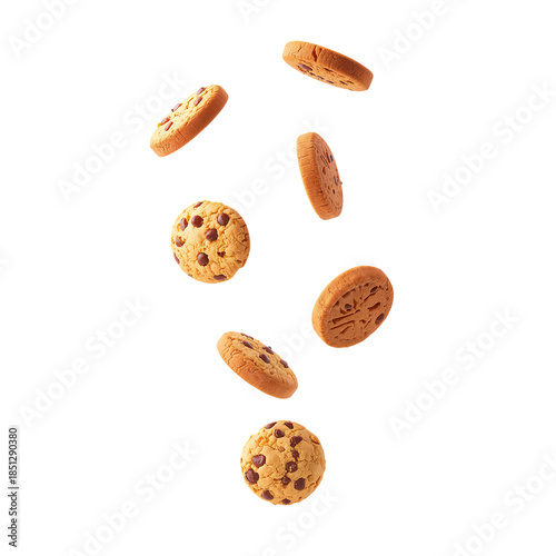 Cookies Falling in Mid-Air With Chocolate Chips and a Simple Design on a Whit...