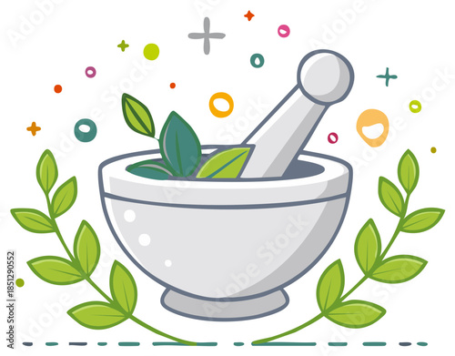 Natural herbal medicine concept with mortar and pestle grinding fresh green leaves for pharmacy