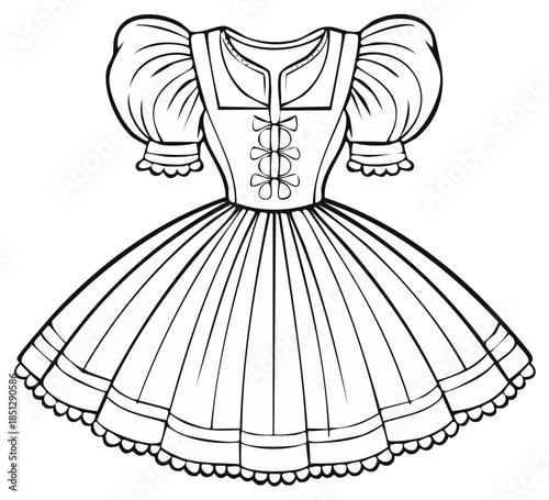 Traditional dress illustration. Black and white drawing of historical clothing