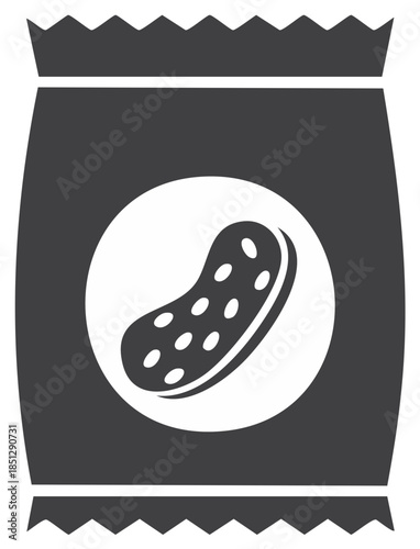 Dark gray bag with a pickle illustration, snack package with snack image, food wrapping for snacks to go, product packaging design