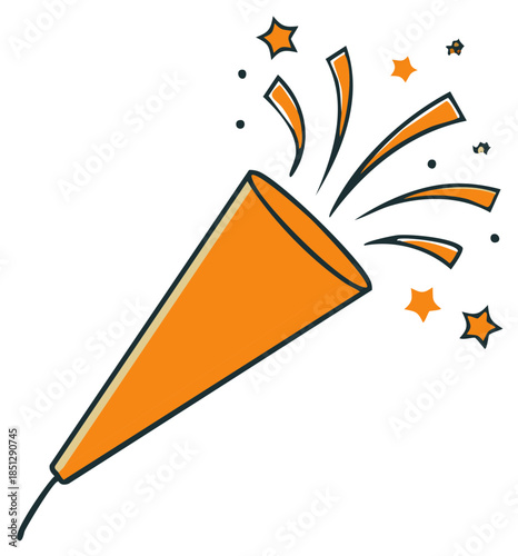 Vibrant orange party popper bursting with stars and dots for celebration