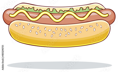 Delicious cartoon hot dog with mustard and relish in a sesame seed bun classic fast food illustration