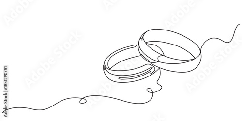 Wedding Ring continuous one line drawing minimalism design, couple wedding rings one continuous line drawing vector, Wedding rings line vector on white background,  proposal engagement or love concept