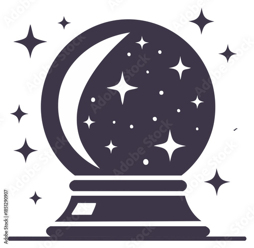Crystal ball with stars and moon celestial illustration. Mystical divination concept