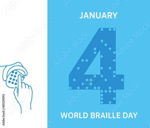 World Braille Day concept graphic showing January fourth with braille dots and a hand touching a braille pad representing accessibility and inclusivity for visually impaired people