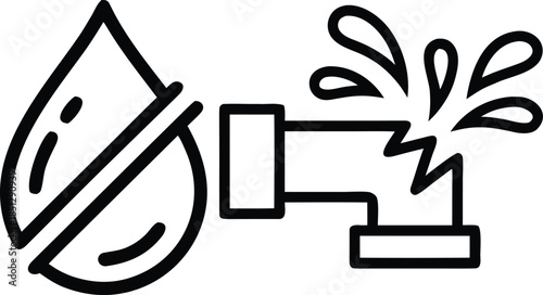 Leaking pipe icon and water drop icon, broken pipe and water waste illustration vector