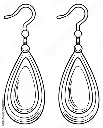 Detailed illustration of a pair of simple teardrop shaped earrings in black and white