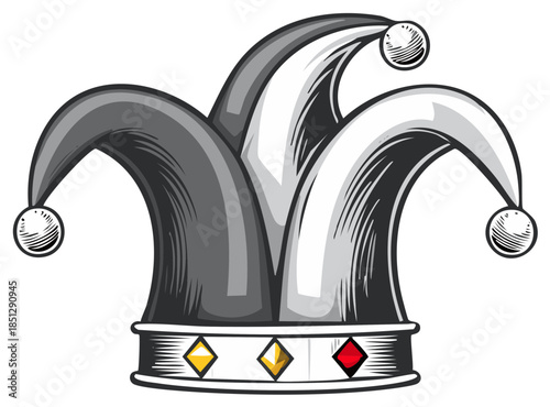 Black and white vector illustration of a traditional court jester hat