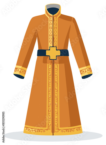 Ornate traditional long robe with golden trim and cross belt vector illustration