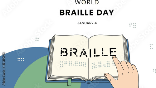 World Braille Day illustration featuring an open book with tactile braille text and a hand gently touching the raised dots for reading and learning