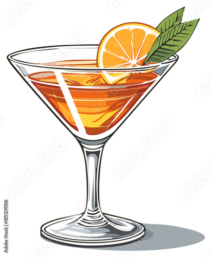 Orange citrus cocktail in a martini glass with a fresh fruit and mint garnish vector art